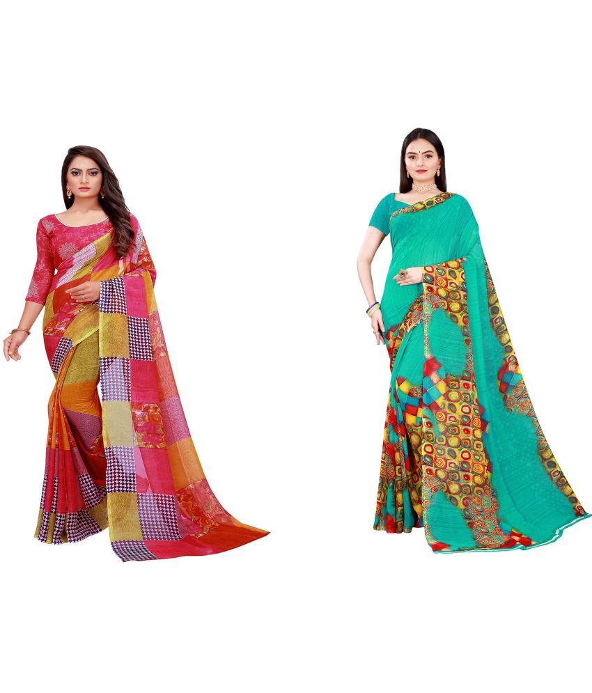     			Saadhvi Cotton Silk Printed Saree With Blouse Piece - Multicolor ( Pack of 2 )