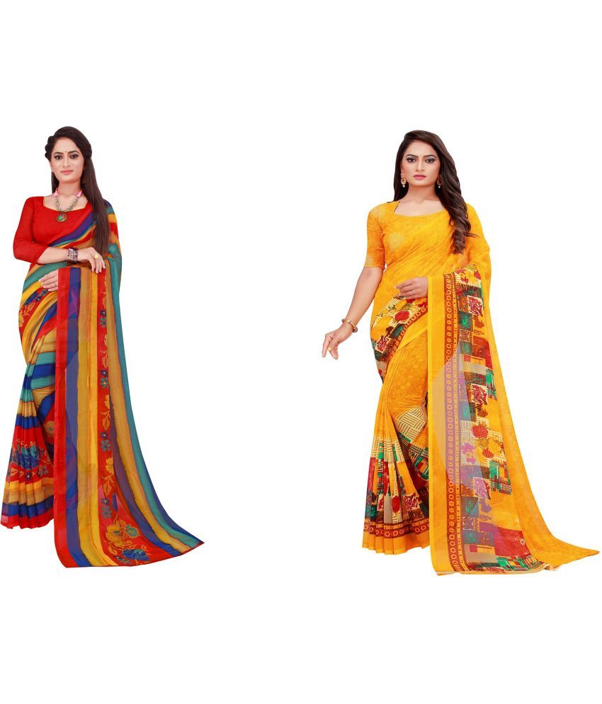     			Saadhvi Cotton Silk Printed Saree With Blouse Piece - Multicolor ( Pack of 2 )