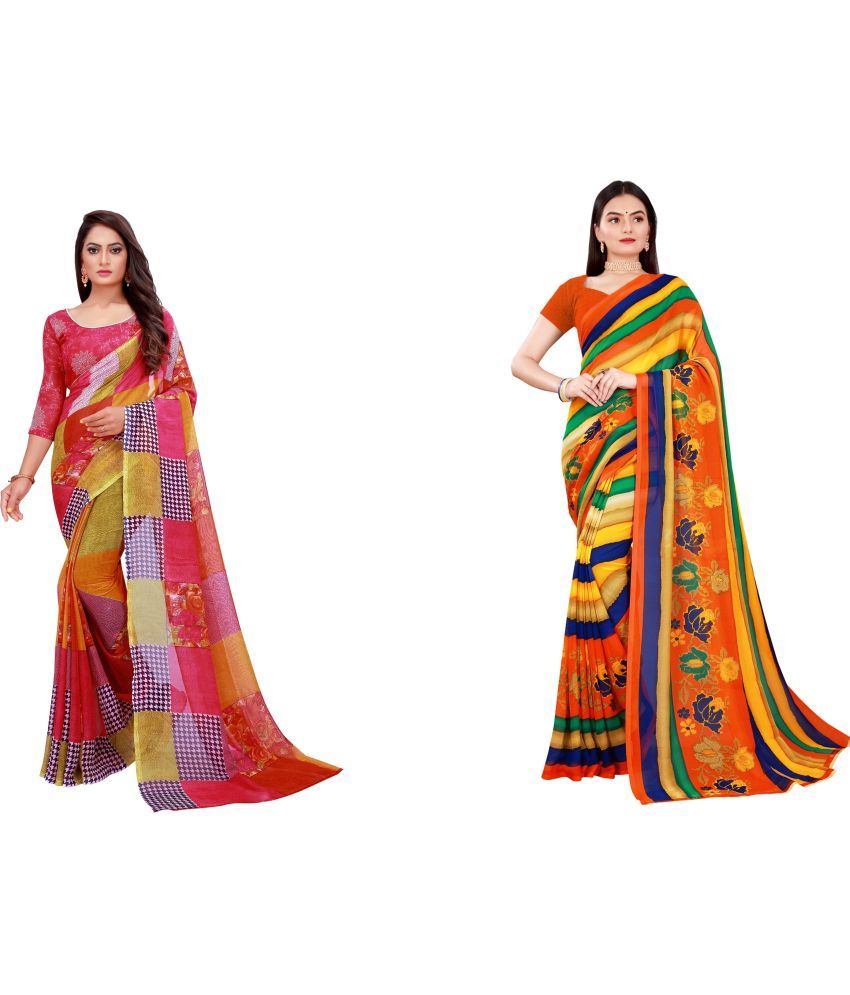     			Saadhvi Cotton Silk Printed Saree With Blouse Piece - Multicolor ( Pack of 2 )