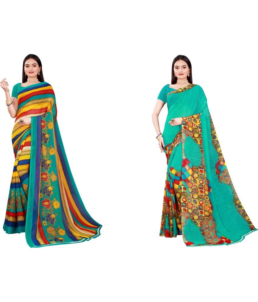     			Saadhvi Cotton Silk Printed Saree With Blouse Piece - Multicolor ( Pack of 2 )