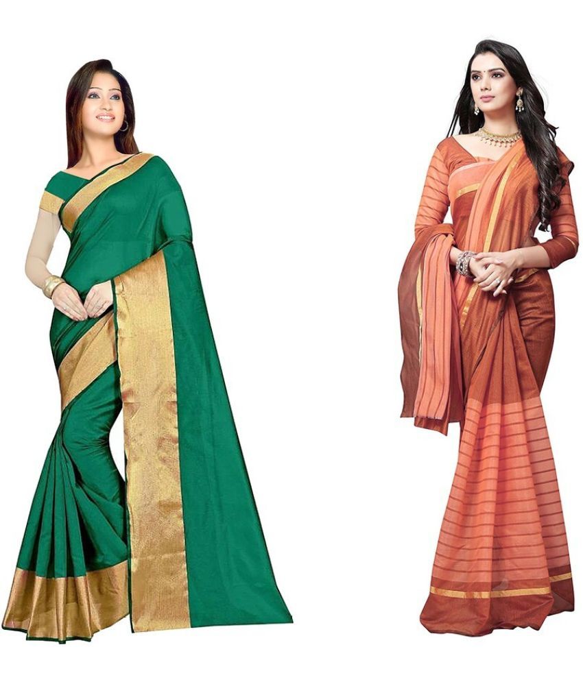     			Saadhvi Cotton Silk Printed Saree With Blouse Piece - Multicolor ( Pack of 2 )