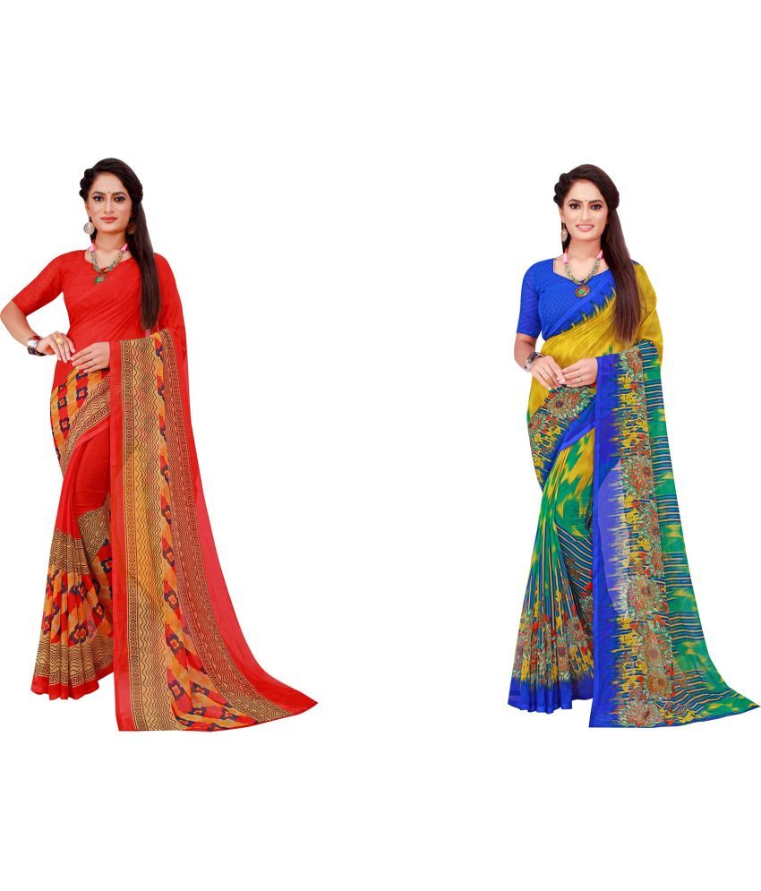     			Saadhvi Cotton Silk Printed Saree With Blouse Piece - Multicolor ( Pack of 2 )