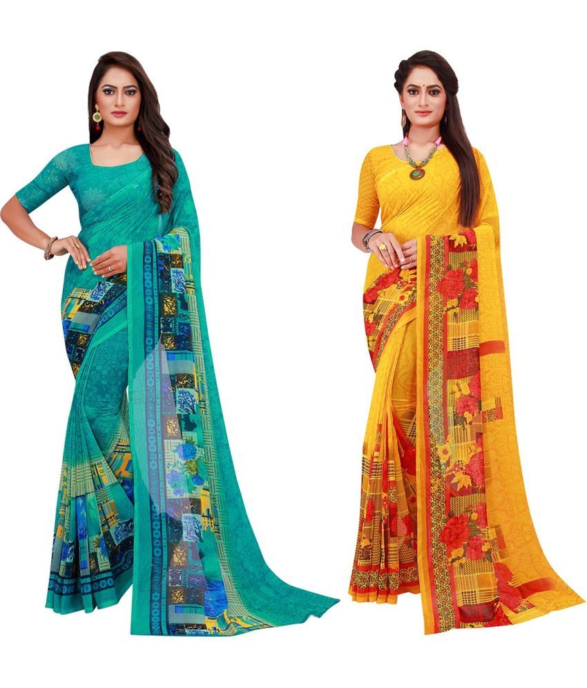     			Saadhvi Cotton Silk Printed Saree With Blouse Piece - Multicolor ( Pack of 2 )