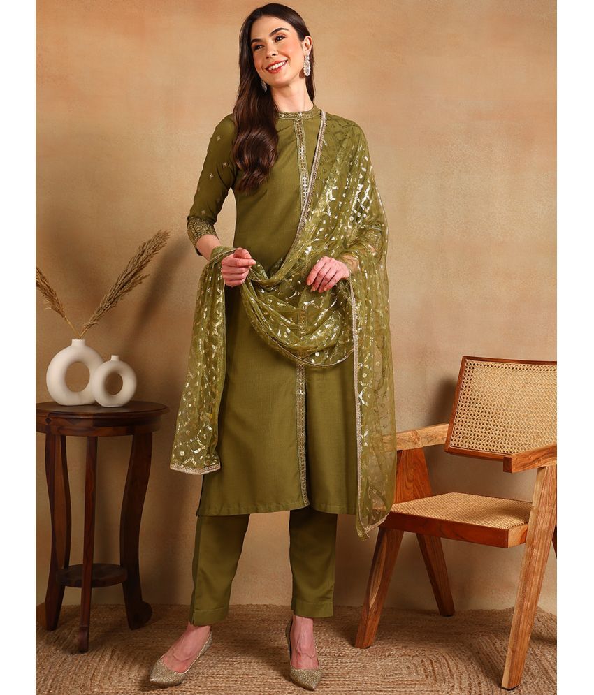     			Vaamsi Silk Blend Embellished Kurti With Pants Women's Stitched Salwar Suit - Olive ( Pack of 1 )