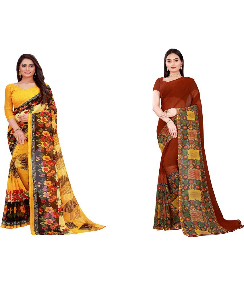     			Vkaran Cotton Silk Printed Saree With Blouse Piece - Multicolor ( Pack of 2 )