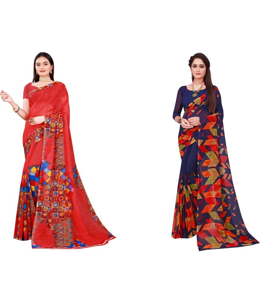     			Vkaran Cotton Silk Printed Saree With Blouse Piece - Multicolor ( Pack of 2 )