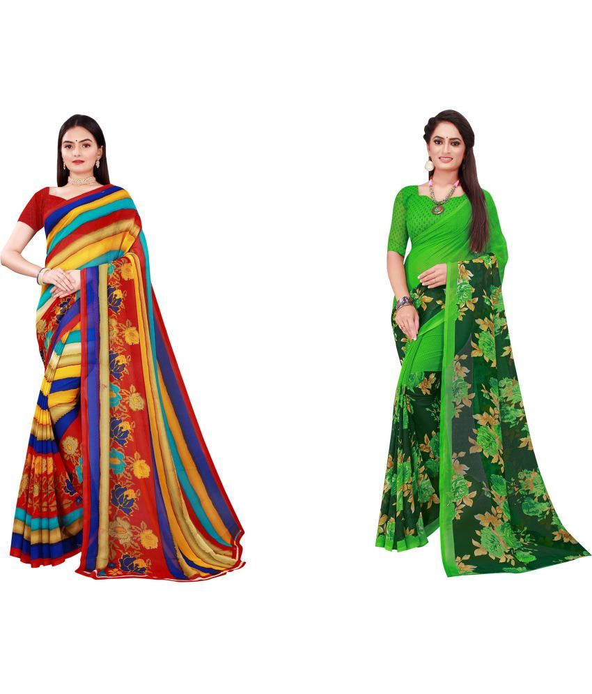     			Vkaran Cotton Silk Printed Saree With Blouse Piece - Multicolor ( Pack of 2 )