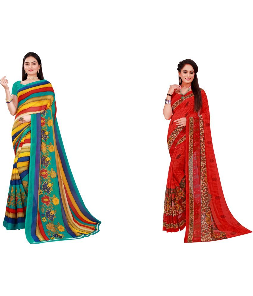     			Vkaran Cotton Silk Printed Saree With Blouse Piece - Multicolor ( Pack of 2 )