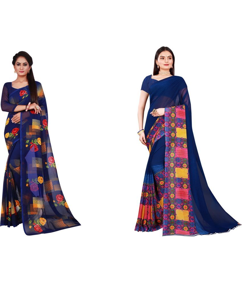     			Vkaran Cotton Silk Printed Saree With Blouse Piece - Multicolor ( Pack of 2 )