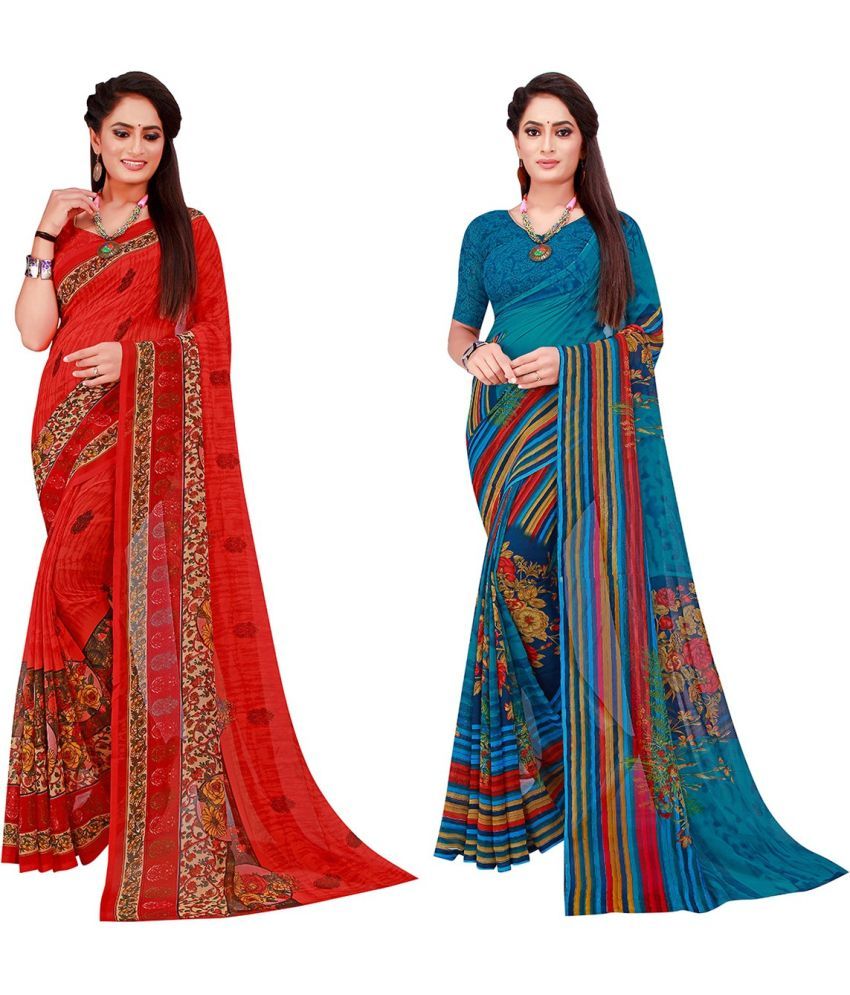     			Vkaran Cotton Silk Printed Saree With Blouse Piece - Multicolor ( Pack of 2 )