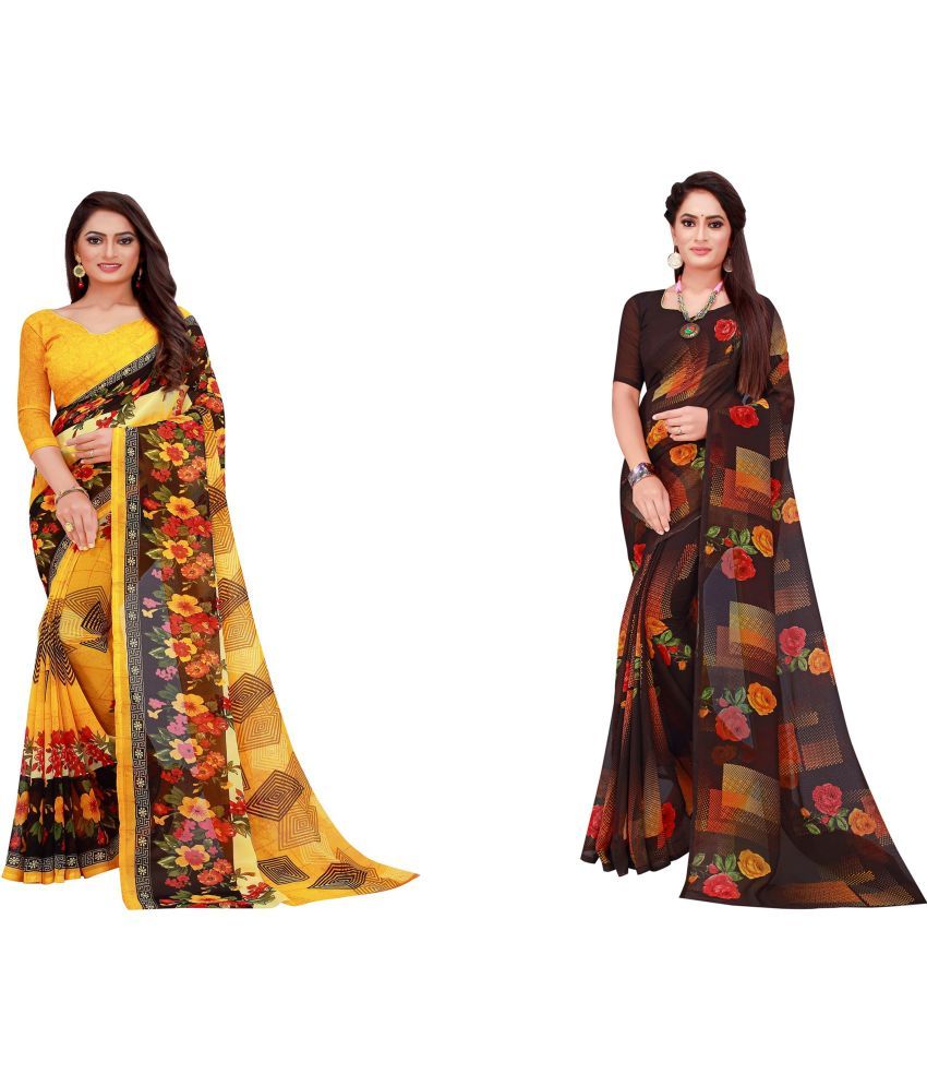     			Vkaran Cotton Silk Printed Saree With Blouse Piece - Multicolor ( Pack of 2 )