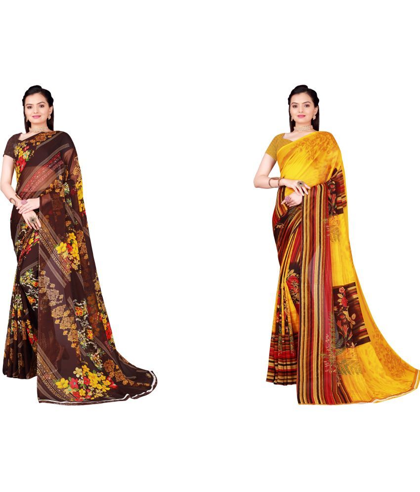     			Vkaran Cotton Silk Printed Saree With Blouse Piece - Multicolor ( Pack of 2 )