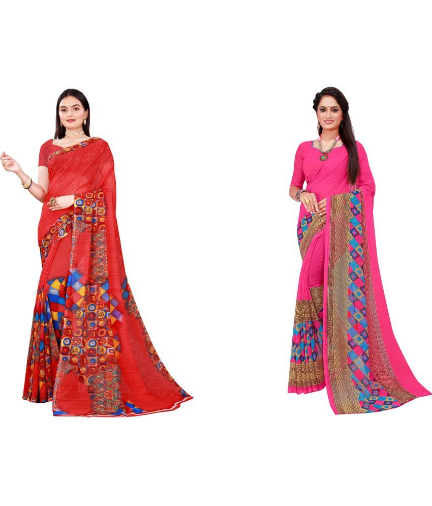     			Vkaran Cotton Silk Printed Saree With Blouse Piece - Multicolor ( Pack of 2 )