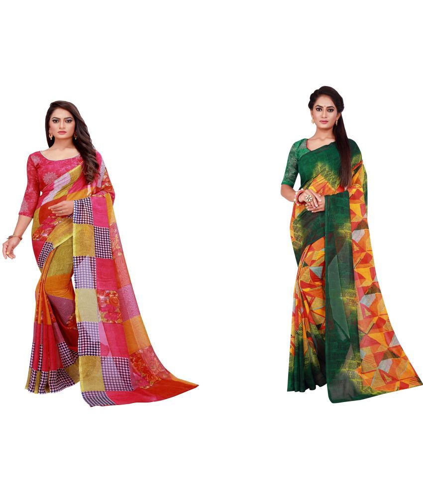     			Vkaran Cotton Silk Printed Saree With Blouse Piece - Multicolor ( Pack of 2 )