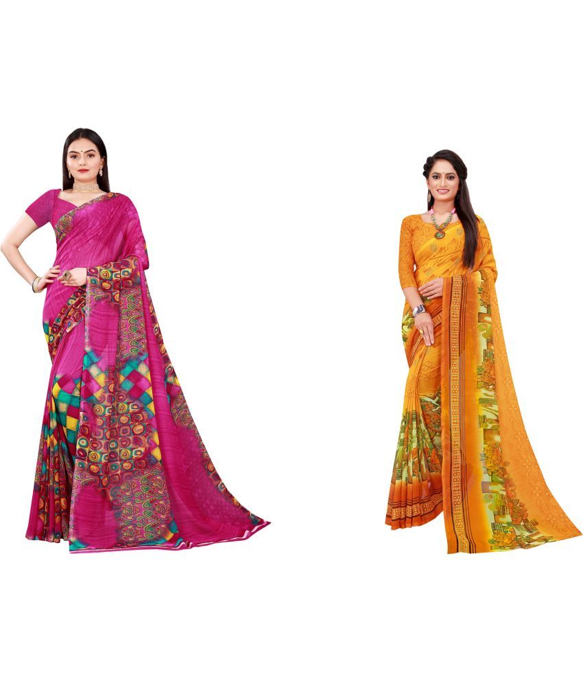     			Vkaran Cotton Silk Printed Saree With Blouse Piece - Multicolor ( Pack of 2 )