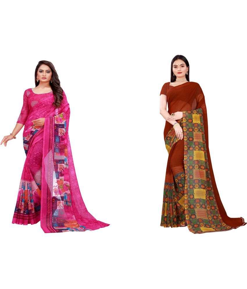     			Vkaran Cotton Silk Printed Saree With Blouse Piece - Multicolor ( Pack of 2 )