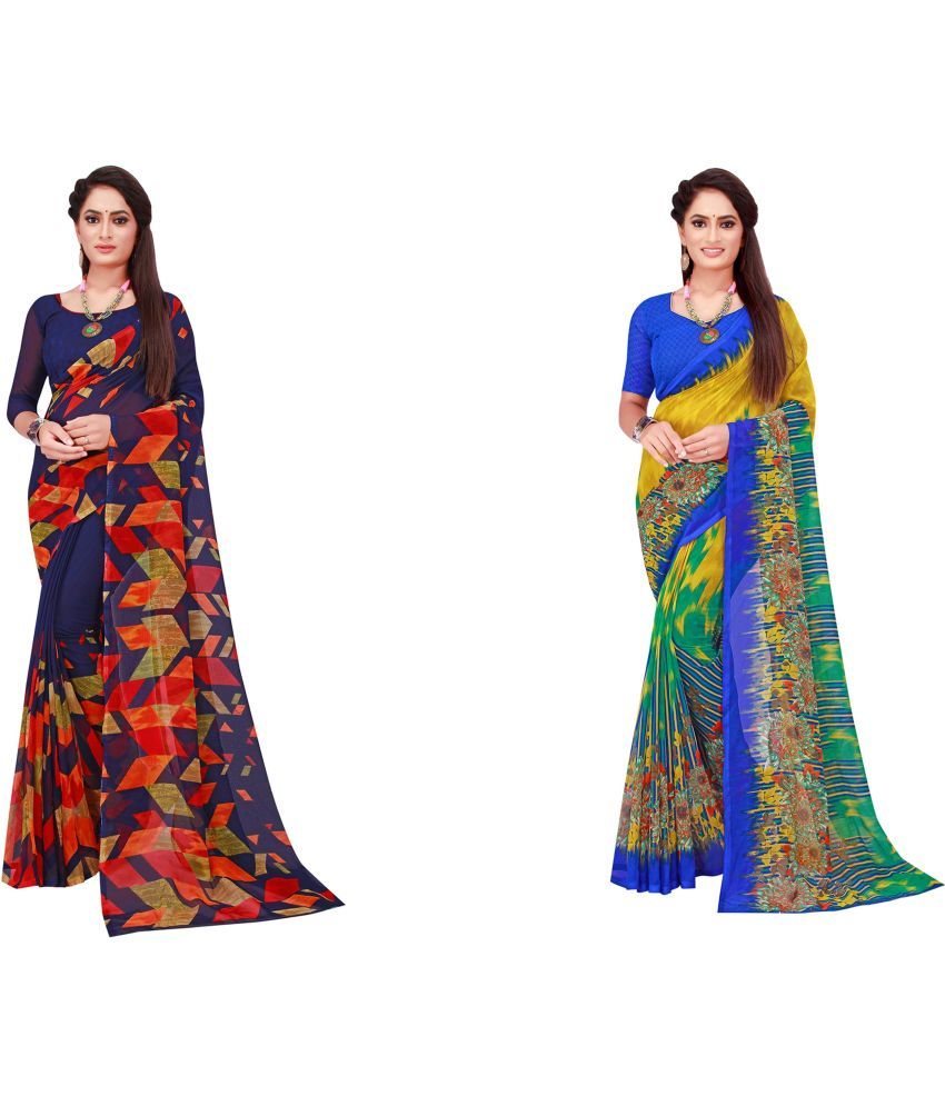     			Vkaran Cotton Silk Printed Saree With Blouse Piece - Multicolor ( Pack of 2 )