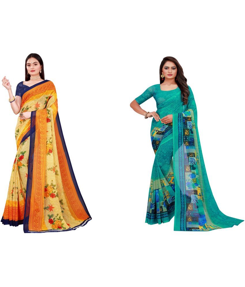     			Vkaran Cotton Silk Printed Saree With Blouse Piece - Multicolor ( Pack of 2 )