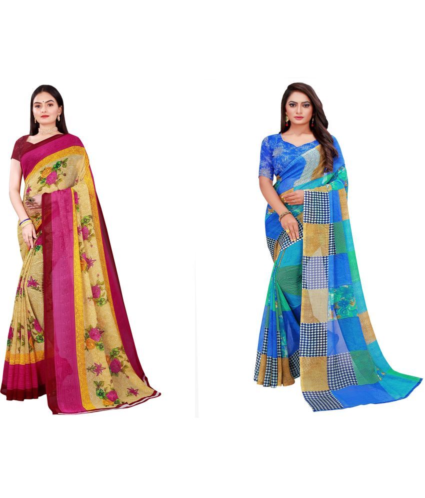     			Vkaran Cotton Silk Printed Saree With Blouse Piece - Multicolor ( Pack of 2 )