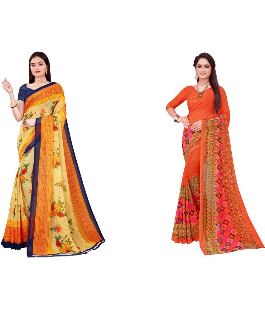     			Vkaran Cotton Silk Printed Saree With Blouse Piece - Multicolor ( Pack of 2 )