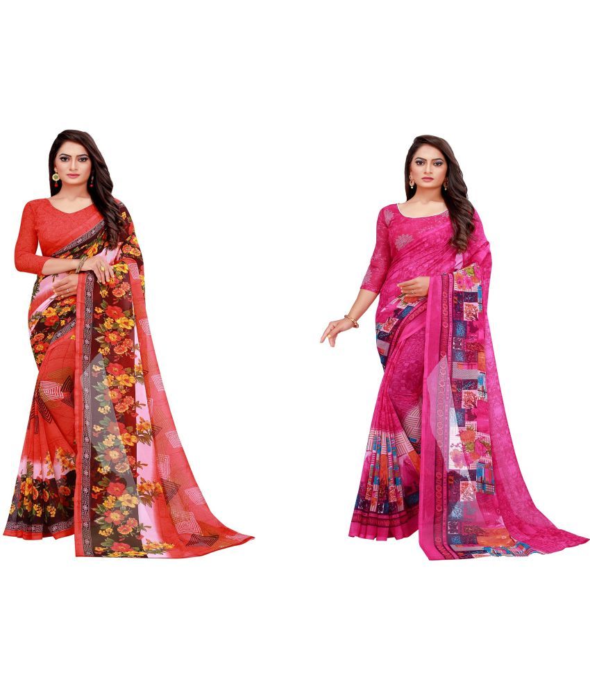     			Vkaran Cotton Silk Printed Saree With Blouse Piece - Multicolor ( Pack of 2 )