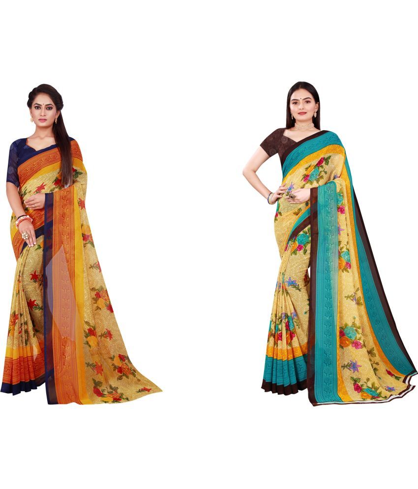     			Vkaran Cotton Silk Printed Saree With Blouse Piece - Multicolor ( Pack of 2 )