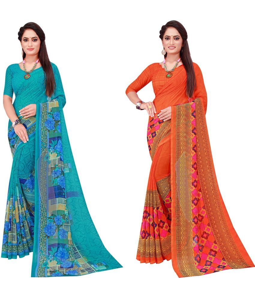     			Vkaran Cotton Silk Printed Saree With Blouse Piece - Multicolor ( Pack of 2 )