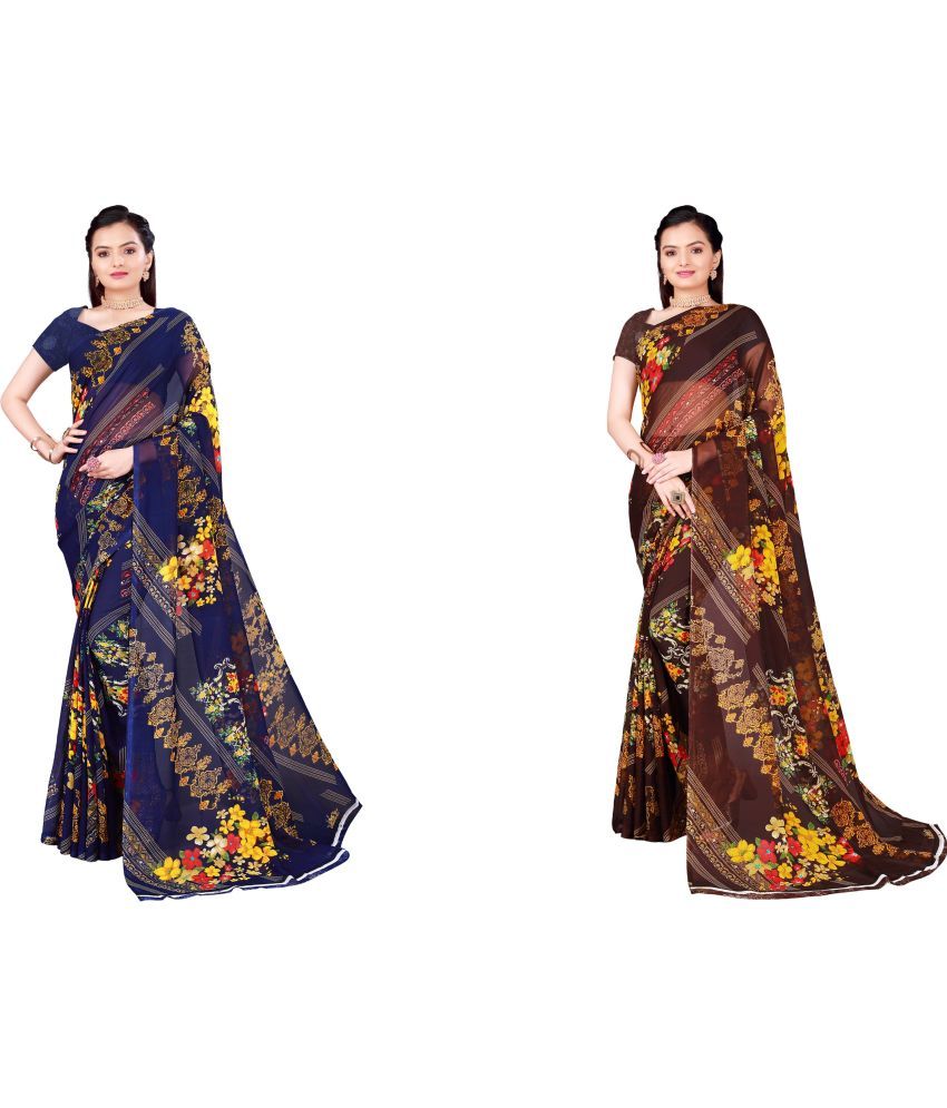     			Vkaran Cotton Silk Printed Saree With Blouse Piece - Multicolor ( Pack of 2 )