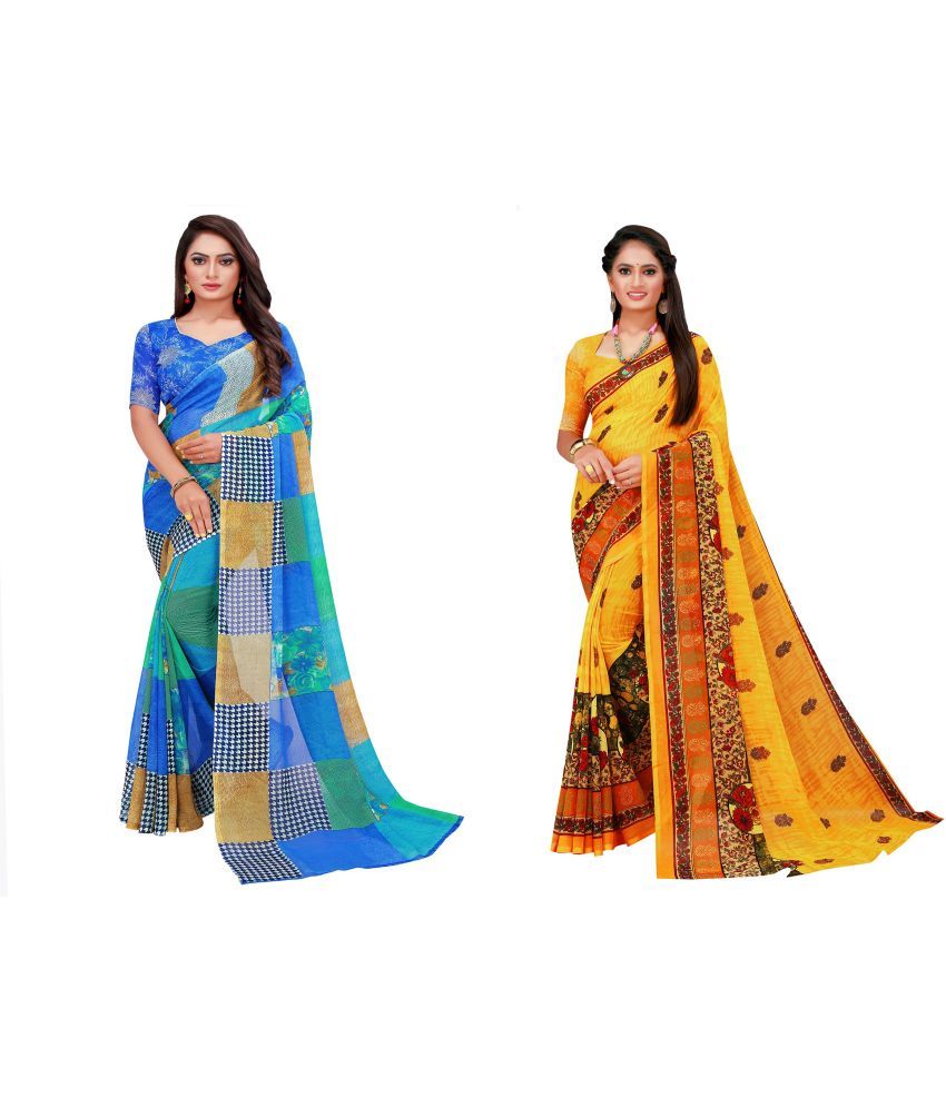     			Vkaran Cotton Silk Printed Saree With Blouse Piece - Multicolor ( Pack of 2 )