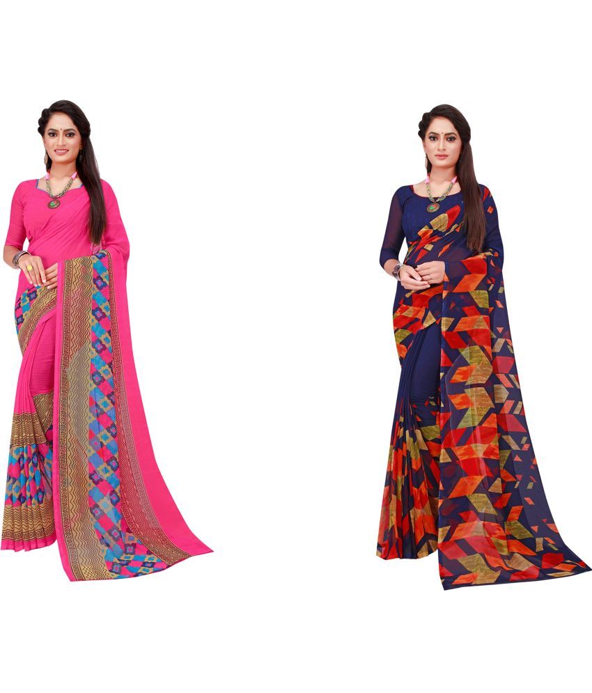     			Vkaran Cotton Silk Printed Saree With Blouse Piece - Multicolor ( Pack of 2 )