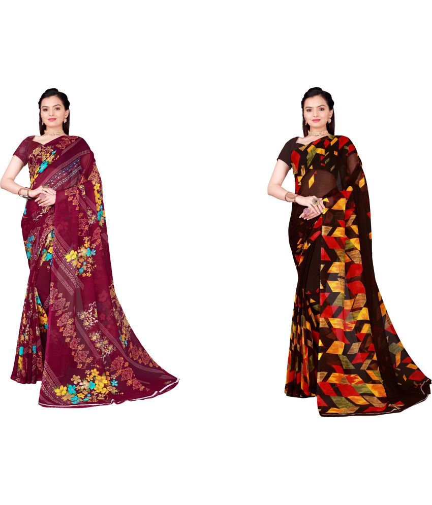     			Vkaran Cotton Silk Printed Saree With Blouse Piece - Multicolor ( Pack of 2 )