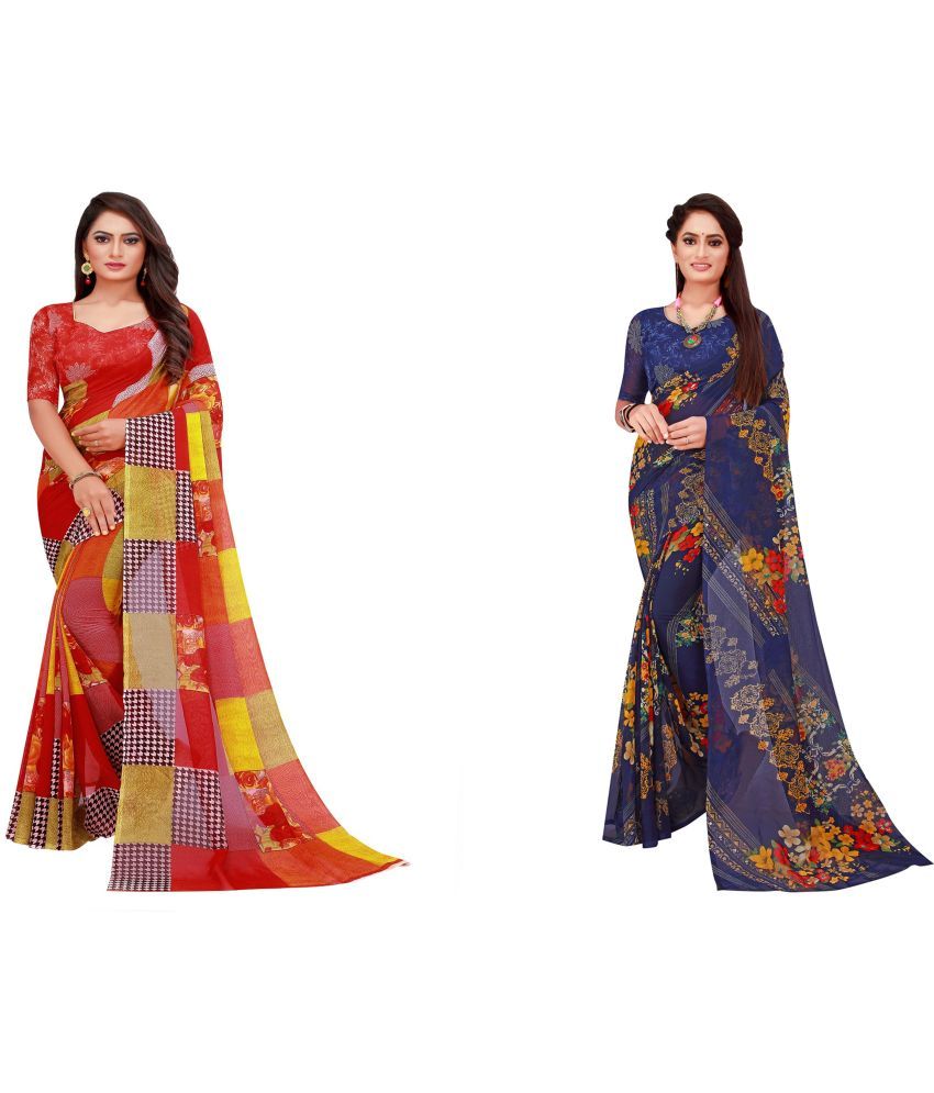     			Vkaran Cotton Silk Printed Saree With Blouse Piece - Multicolor ( Pack of 2 )