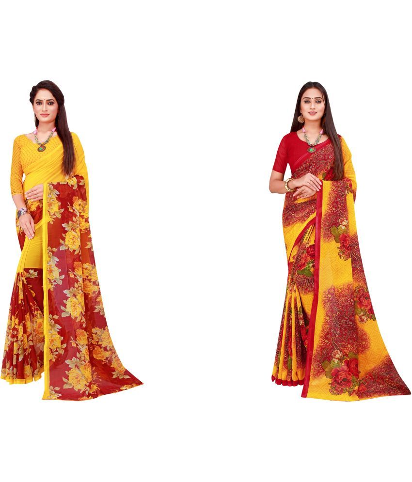     			Vkaran Cotton Silk Printed Saree With Blouse Piece - Multicolor ( Pack of 2 )