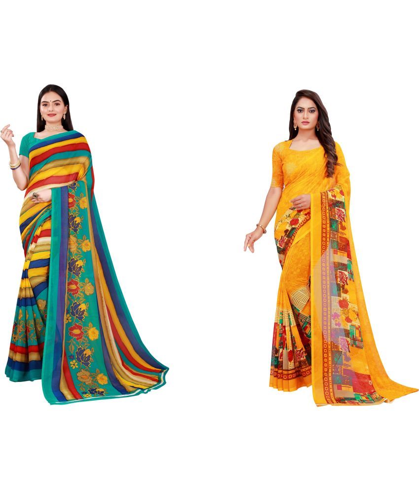     			Vkaran Cotton Silk Printed Saree With Blouse Piece - Multicolor ( Pack of 2 )