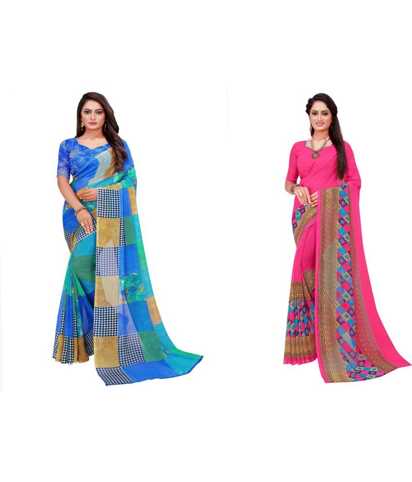     			Vkaran Cotton Silk Printed Saree With Blouse Piece - Multicolor ( Pack of 2 )