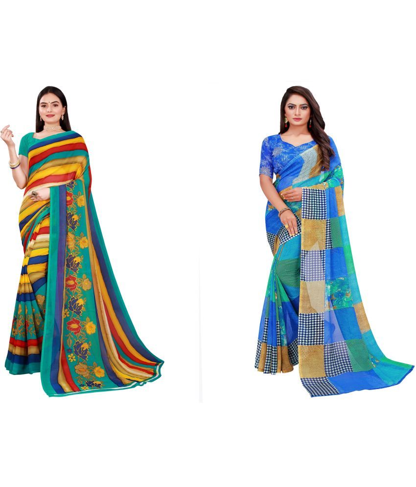     			Vkaran Cotton Silk Printed Saree With Blouse Piece - Multicolor ( Pack of 2 )