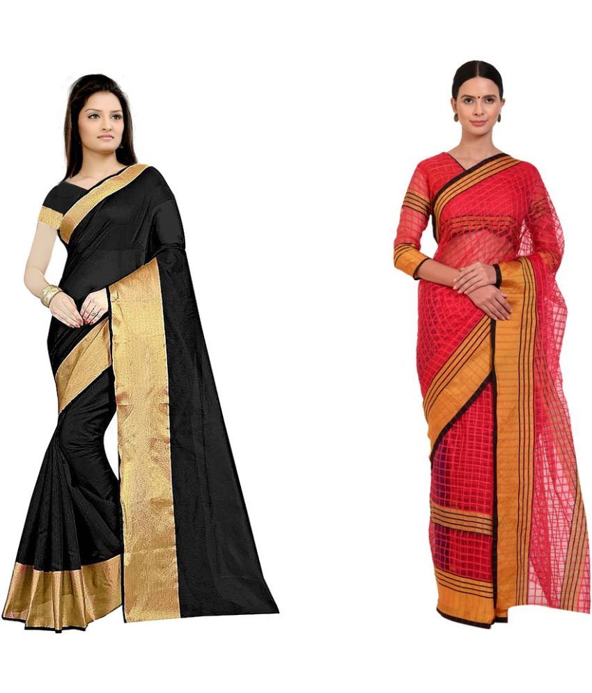     			Vkaran Cotton Silk Printed Saree With Blouse Piece - Multicolor ( Pack of 2 )