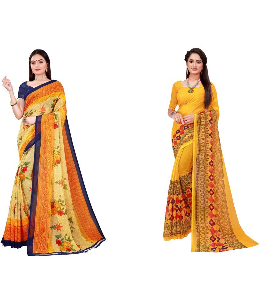     			Vkaran Cotton Silk Printed Saree With Blouse Piece - Multicolor ( Pack of 2 )