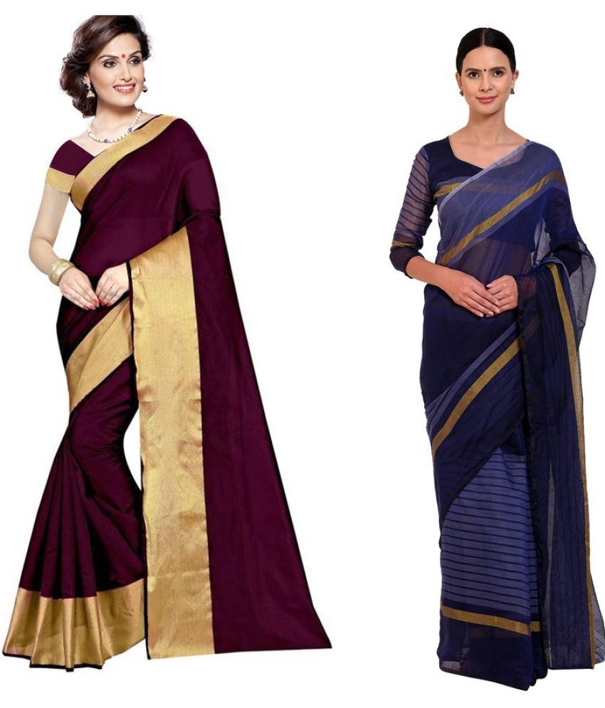     			Vkaran Cotton Silk Printed Saree With Blouse Piece - Multicolor ( Pack of 2 )