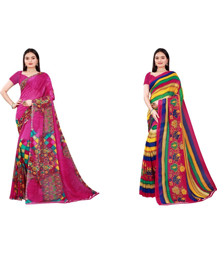     			Vkaran Cotton Silk Printed Saree With Blouse Piece - Multicolor ( Pack of 2 )