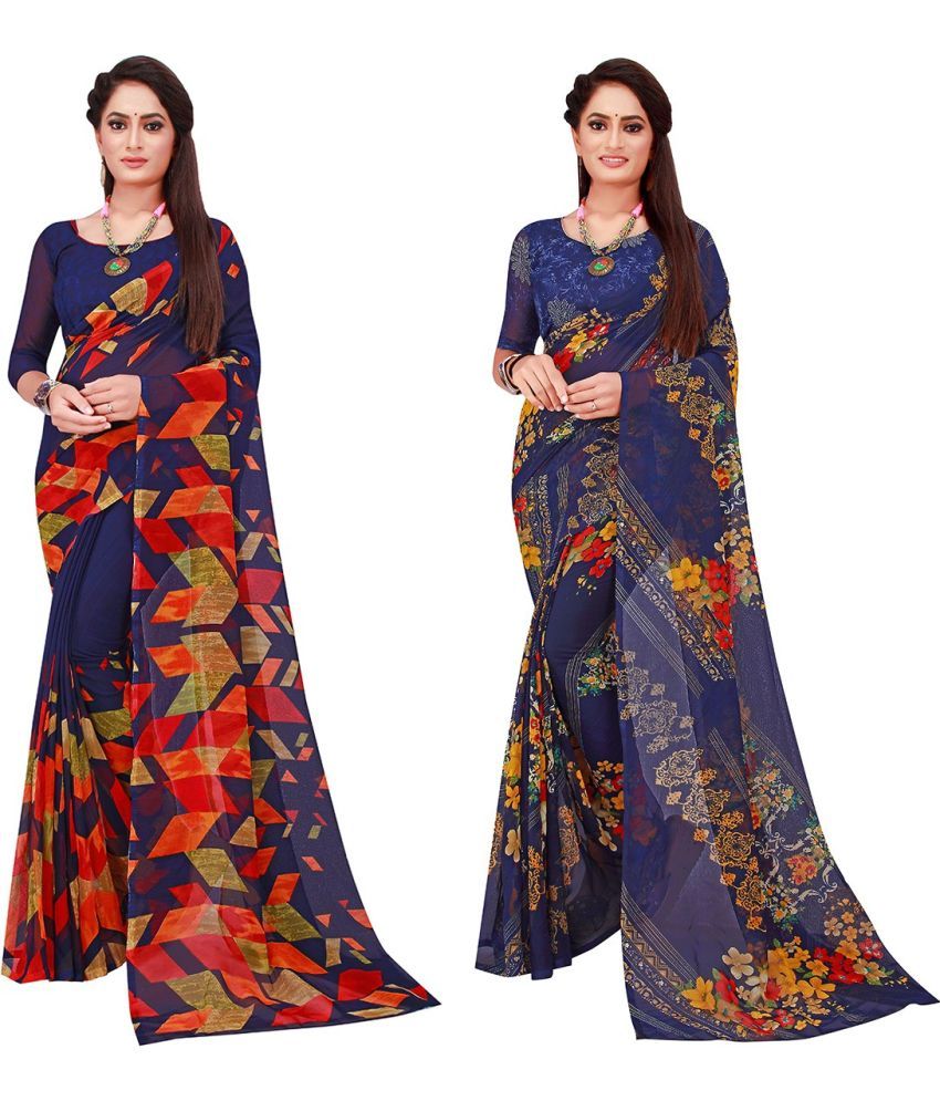     			Vkaran Cotton Silk Printed Saree With Blouse Piece - Multicolor ( Pack of 2 )