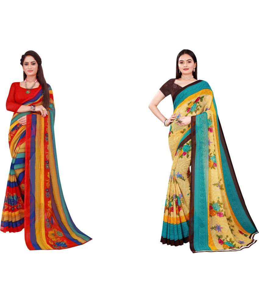     			Vkaran Cotton Silk Printed Saree With Blouse Piece - Multicolor ( Pack of 2 )