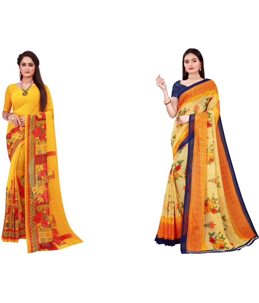     			Vkaran Cotton Silk Printed Saree With Blouse Piece - Multicolor ( Pack of 2 )