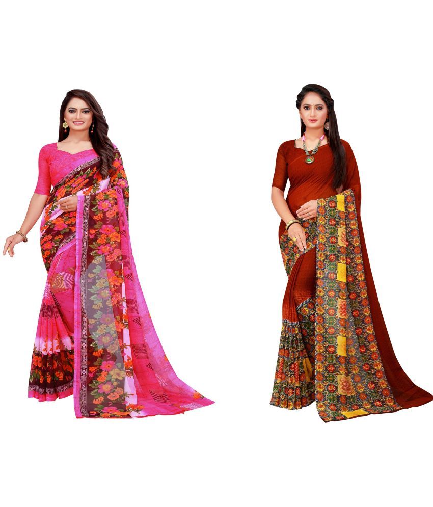     			Vkaran Cotton Silk Printed Saree With Blouse Piece - Multicolor ( Pack of 2 )