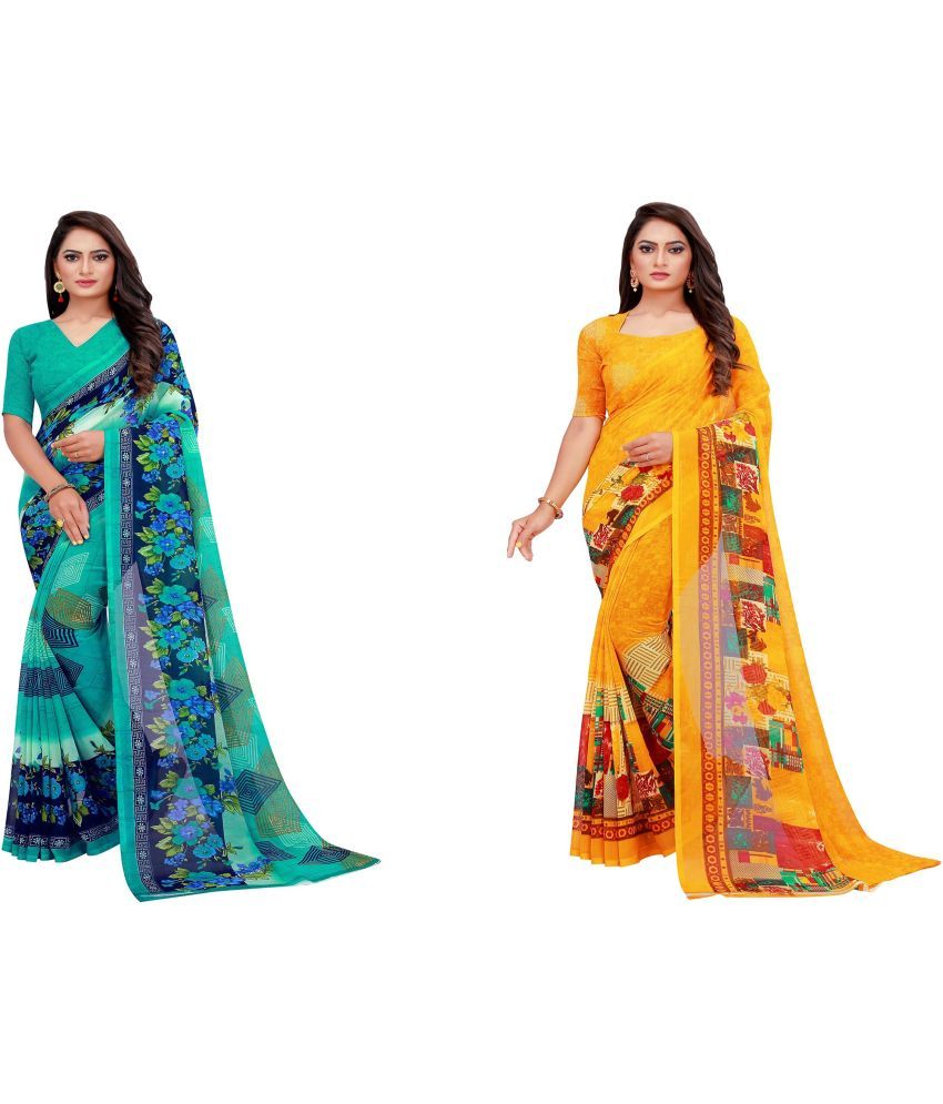     			Vkaran Cotton Silk Printed Saree With Blouse Piece - Multicolor ( Pack of 2 )