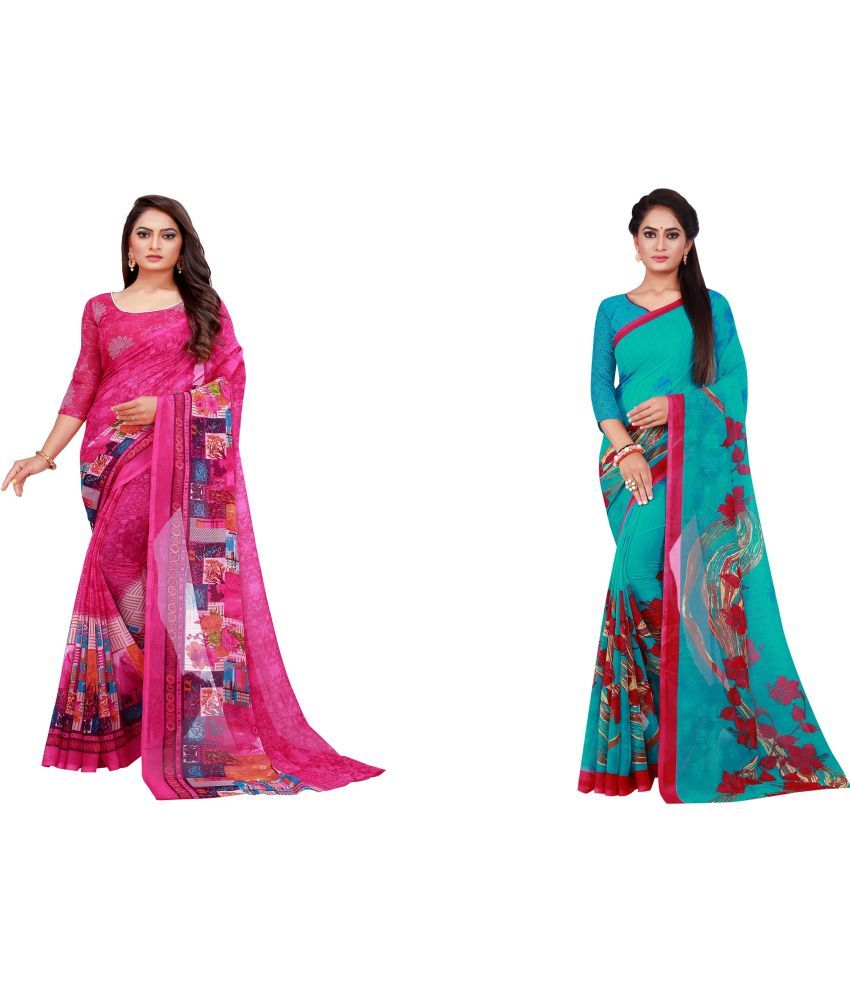     			Vkaran Cotton Silk Printed Saree With Blouse Piece - Multicolor ( Pack of 2 )