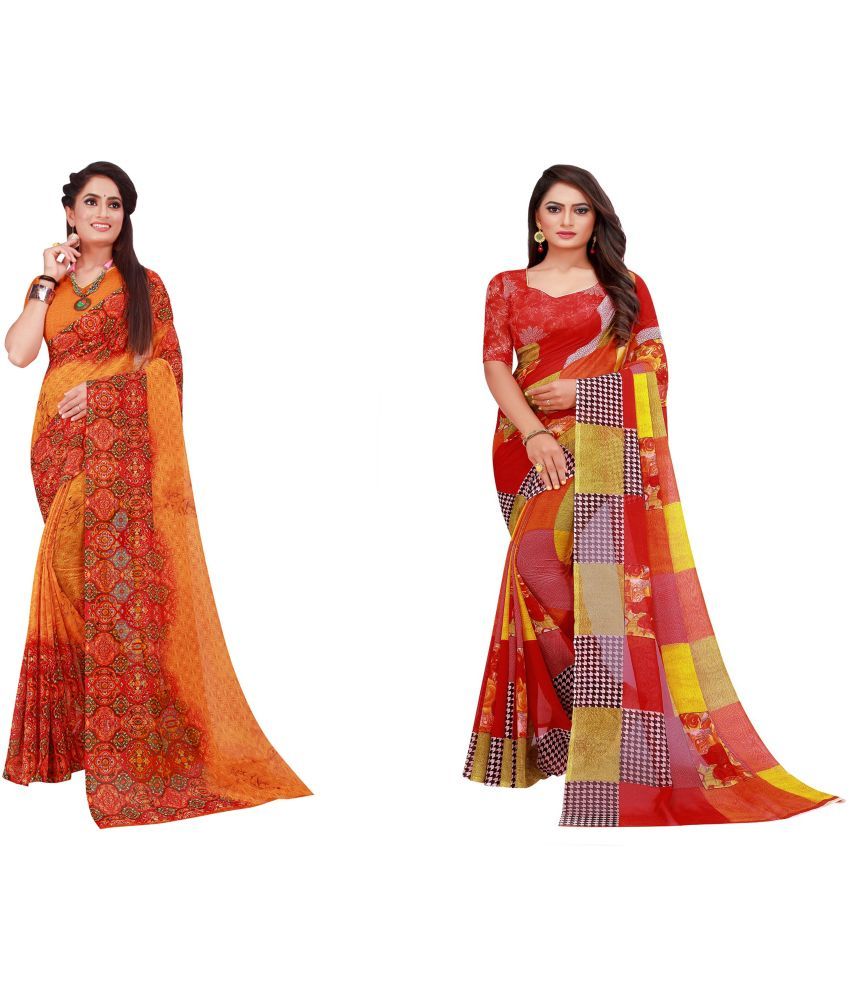     			Vkaran Cotton Silk Printed Saree With Blouse Piece - Multicolor ( Pack of 2 )