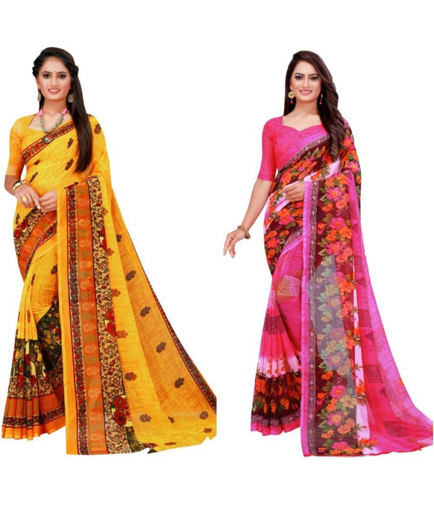     			Vkaran Cotton Silk Printed Saree With Blouse Piece - Multicolor ( Pack of 2 )