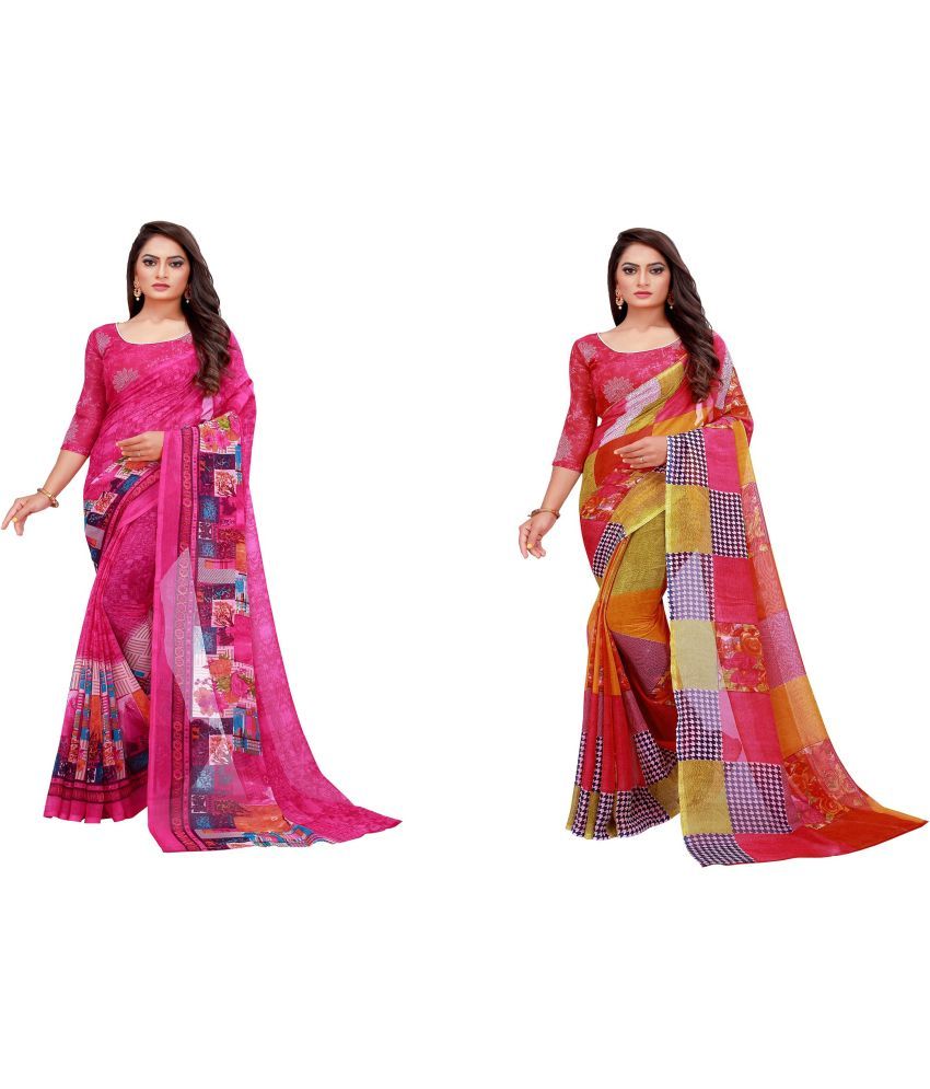     			Vkaran Cotton Silk Printed Saree With Blouse Piece - Multicolor ( Pack of 2 )