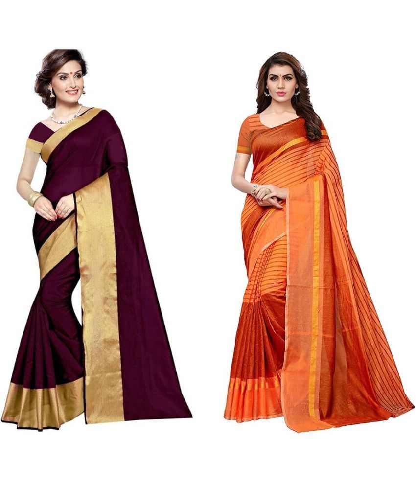     			Vkaran Cotton Silk Printed Saree With Blouse Piece - Multicolor ( Pack of 2 )